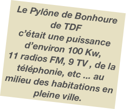Le Pylône de Bonhoure
de TDF
c’était une puissance d’environ 100 Kw,
11 radios FM, 9 TV , de la téléphonie, etc ... au milieu des habitations en pleine ville.