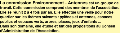 La commission Environnement - Antennes est un groupe de travail. Cette commission comprend des membres de l’association. Elle se réunit 2 à 4 fois par an. Elle effectue une veille pour notre quartier sur les thèmes suivants : pylônes et antennes, espaces publics et espaces verts, arbres, places, jeux d’enfants ...
Dans son domaine, elle étudie et fait des propositions au Conseil d’Administration de l’Association.